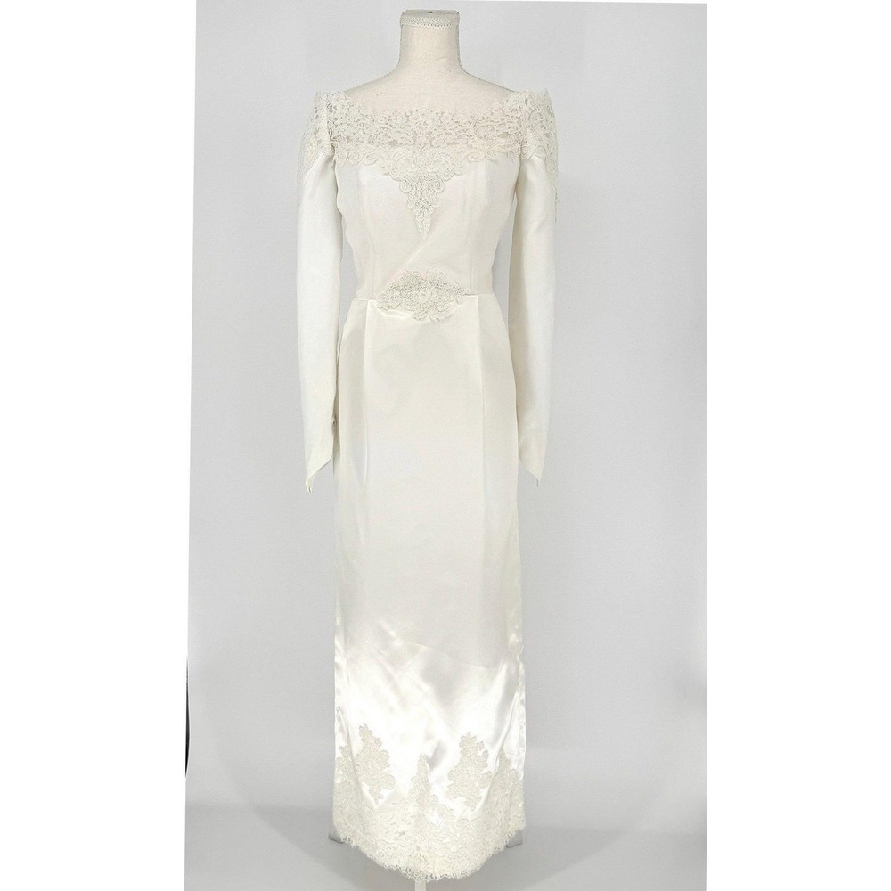 Vintage 90s Satin Lace Wedding Dress S Off Shoulder Long Sleeve Minimalist - Picture 2 of 15